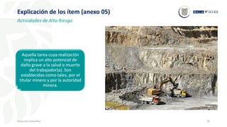 34
Inducción Específica
Explicación de los ítem (anexo 05)
Actividades de Alto Riesgo
Aquella tarea cuya realización
implica un alto potencial de
daño grave a la salud o muerte
del trabajador(a). Son
establecidas como tales, por el
titular minero y por la autoridad
minera.
 