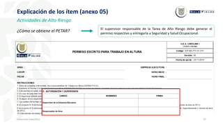 37
Inducción Específica
Explicación de los ítem (anexo 05)
8.- AUTORIZACIÓN Y SUPERVISIÓN
CARGO
OBSERVACIONES:
FIRMA
Responsable de Área
Supervisor de la Empresa Ejecutora
NOMBRES
El supervisor responsable de la Tarea de Alto Riesgo debe generar el
permiso respectivo y entregarla a Seguridad y Salud Ocupacional.
¿Cómo se obtiene el PETAR?
Actividades de Alto Riesgo
 