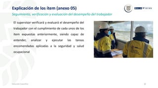 46
Inducción Específica
Explicación de los ítem (anexo 05)
Seguimiento, verificación y evaluación del desempeño del trabajador
El supervisor verificará y evaluará el desempeño del
trabajador con el cumplimiento de cada unos de los
ítem expuestas anteriormente, siendo capaz de
entender, analizar y ejecutar las tareas
encomendadas aplicadas a la seguridad y salud
ocupacional
 