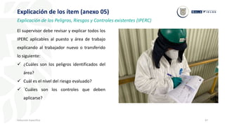 47
Inducción Específica
Explicación de los ítem (anexo 05)
Explicación de los Peligros, Riesgos y Controles existentes (IPERC)
El supervisor debe revisar y explicar todos los
IPERC aplicables al puesto y área de trabajo
explicando al trabajador nuevo o transferido
lo siguiente:
 ¿Cuáles son los peligros identificados del
área?
 Cuál es el nivel del riesgo evaluado?
 ´Cuáles son los controles que deben
aplicarse?
 