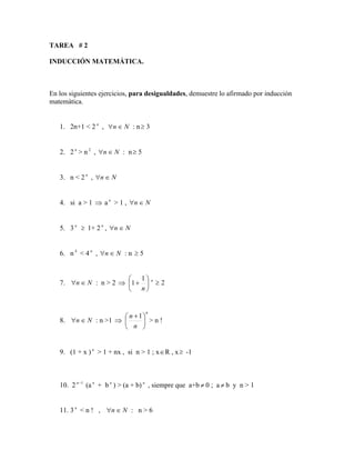 TAREA # 2
INDUCCIÓN MATEMÁTICA.
En los siguientes ejercicios, para desigualdades, demuestre lo afirmado por inducción
matemática.
1. 2n+1 < 2 n
, N
n 
 : n 3

2. 2 n
> n 2
, N
n 
 : n 5

3. n < 2 n
, N
n 

4. si a > 1  a n
> 1 , N
n 

5. 3 n
 1+ 2 n
, N
n 

6. n 4
< 4 n
, N
n 
 : n 5

7. N
n 
 : n > 2  





+
n
1
1 n
2

8. N
n 
 : n >1 
n
n
n





 +1
> n 
9. (1 + x ) n
> 1 + nx , si n > 1 ; xR , x -1
10. 2 1
−
n
(a n
+ b n
) > (a + b) n
, siempre que a+b  0 ; a  b y n > 1
11. 3 n
< n  , N
n 
 : n > 6
 