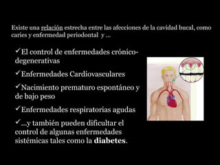 El control de enfermedades crónico-
degenerativas
Enfermedades Cardiovasculares
Nacimiento prematuro espontáneo y
de bajo peso
Enfermedades respiratorias agudas
...y también pueden dificultar el
control de algunas enfermedades
sistémicas tales como la diabetes.
Existe una relación estrecha entre las afecciones de la cavidad bucal, como
caries y enfermedad periodontal y …
 