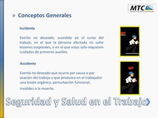 » Conceptos Generales
Incidente
Evento no deseado, sucedido en el curso del
trabajo, en el que la persona afectada no sufre
lesiones corporales, o en el que estas solo requieren
cuidados de primeros auxilios.
Accidente
Evento no deseado que ocurra por causa o por
ocasión del trabajo y que produzca en el trabajador
una lesión orgánica, perturbación funcional,
invalidez o la muerte.
 