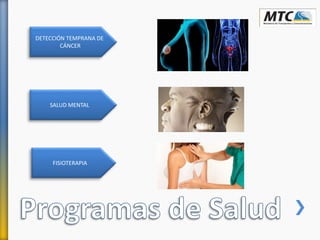 DETECCIÓN TEMPRANA DE
CÁNCER
SALUD MENTAL
FISIOTERAPIA
 