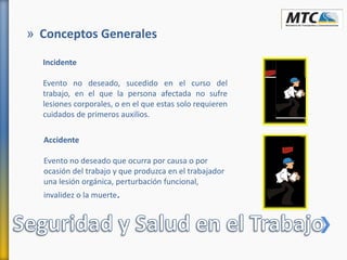 » Conceptos Generales
Incidente
Evento no deseado, sucedido en el curso del
trabajo, en el que la persona afectada no sufre
lesiones corporales, o en el que estas solo requieren
cuidados de primeros auxilios.
Accidente
Evento no deseado que ocurra por causa o por
ocasión del trabajo y que produzca en el trabajador
una lesión orgánica, perturbación funcional,
invalidez o la muerte.
 