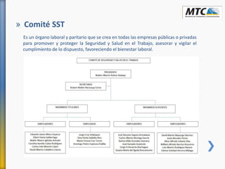 Es un órgano laboral y paritario que se crea en todas las empresas públicas o privadas
para promover y proteger la Seguridad y Salud en el Trabajo, asesorar y vigilar el
cumplimiento de lo dispuesto, favoreciendo el bienestar laboral.
» Comité SST
 