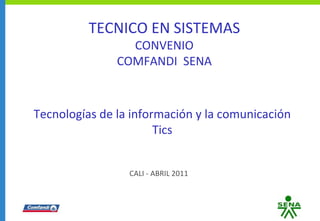 CALI - ABRIL 2011 Tecnologías de la información y la comunicación Tics TECNICO EN SISTEMAS CONVENIO COMFANDI  SENA 
