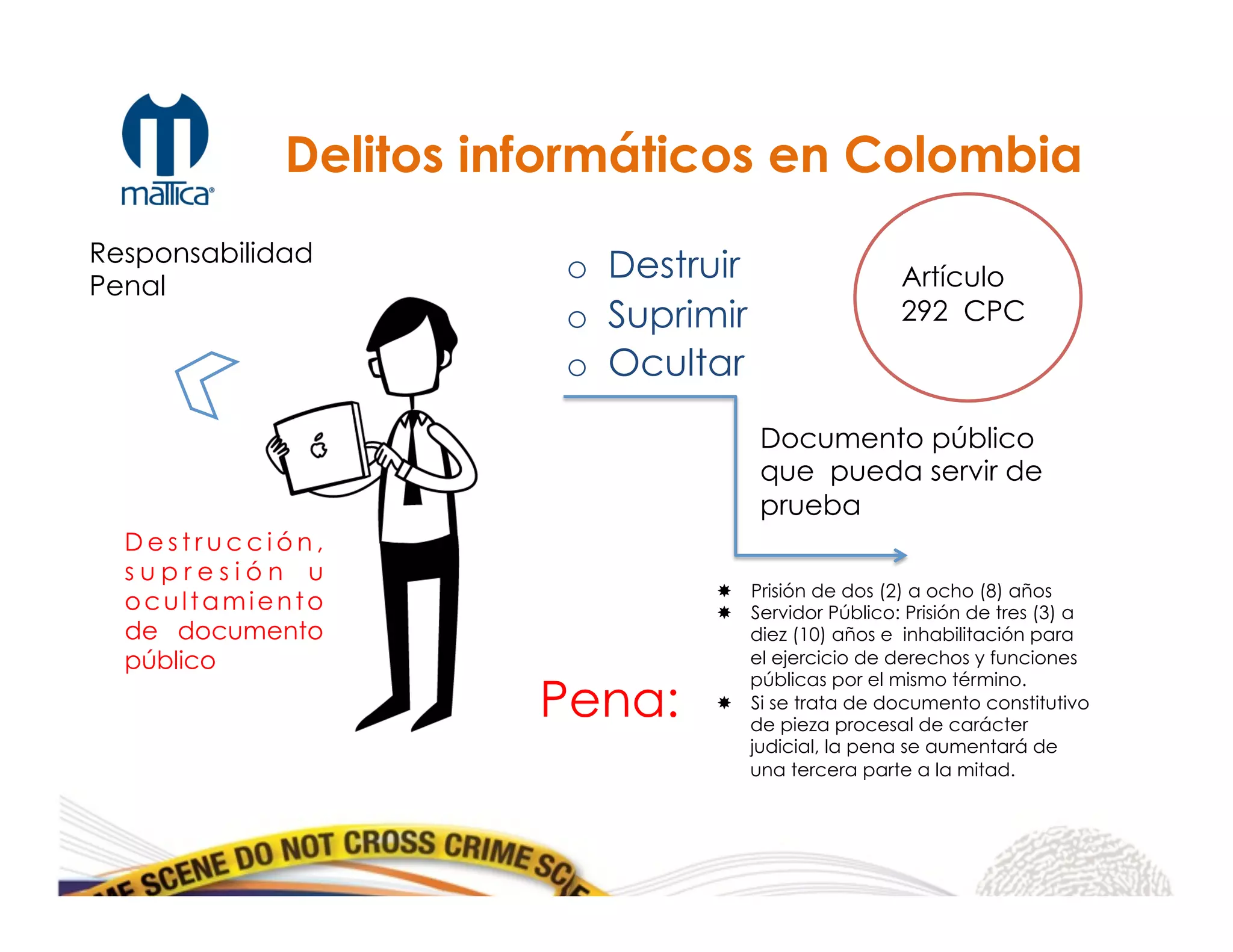 o  Destruir
o  Suprimir
o  Ocultar
Responsabilidad
Penal Artículo
292 CPC
Documento público
que pueda servir de
prueba
Pena:
­  Prisión de dos (2) a ocho (8) años
­  Servidor Público: Prisión de tres (3) a
diez (10) años e inhabilitación para
el ejercicio de derechos y funciones
públicas por el mismo término.
­  Si se trata de documento constitutivo
de pieza procesal de carácter
judicial, la pena se aumentará de
una tercera parte a la mitad.
	
  
Delitos informáticos en Colombia
D e s t r u c c i ó n ,
s u p r e s i ó n u
ocultamiento
de documento
público
 