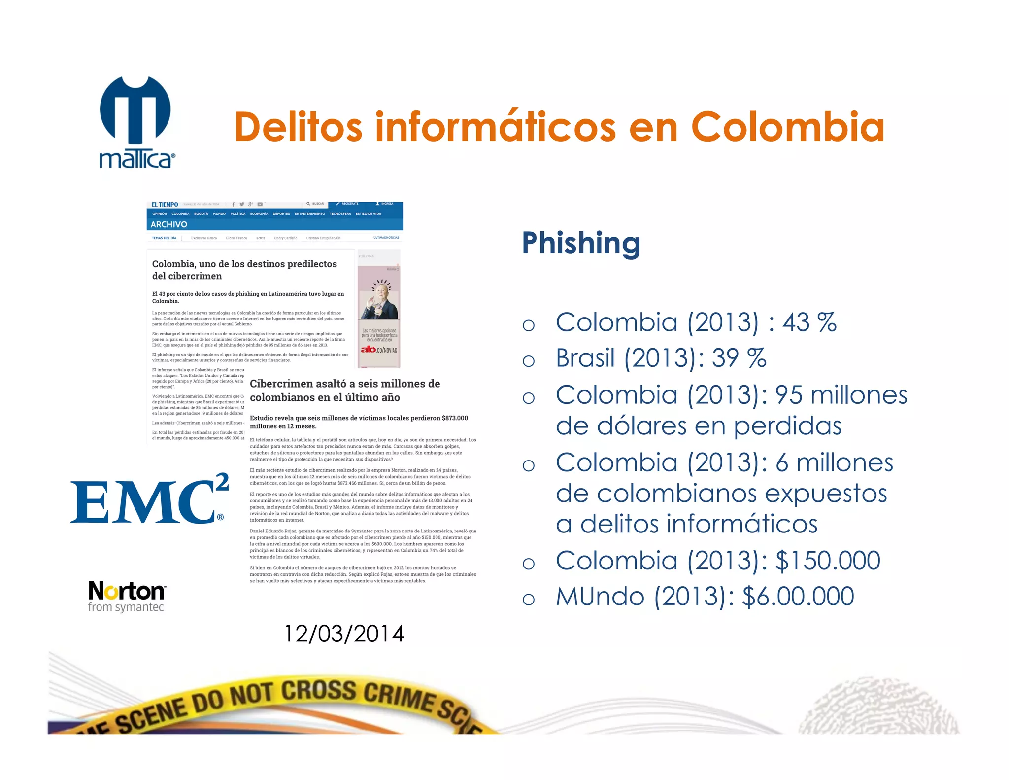 Delitos informáticos en Colombia
Phishing
o  Colombia (2013) : 43 %
o  Brasil (2013): 39 %
o  Colombia (2013): 95 millones
de dólares en perdidas
o  Colombia (2013): 6 millones
de colombianos expuestos
a delitos informáticos
o  Colombia (2013): $150.000
o  MUndo (2013): $6.00.000
12/03/2014
	
  
	
  
 