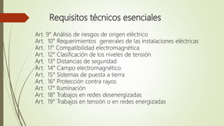 Requisitos técnicos esenciales
Art. 9° Análisis de riesgos de origen eléctrico
Art. 10° Requerimientos generales de las instalaciones eléctricas
Art. 11° Compatibilidad electromagnética
Art. 12° Clasificación de los niveles de tensión
Art. 13° Distancias de seguridad
Art. 14° Campo electromagnético
Art. 15° Sistemas de puesta a tierra
Art. 16° Protección contra rayos
Art. 17° Iluminación
Art. 18° Trabajos en redes desenergizadas
Art. 19° Trabajos en tensión o en redes energizadas
 