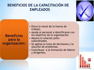 BENEFICIOS DE LA CAPACITACIÓN DE
EMPLEADOS
• Eleva la moral de la fuerza de
trabajo.
• Ayuda al personal a identificarse con
los objetivos de la organización.
• Mejora la relación jefes-
subordinados.
• Se agiliza la toma de decisiones y la
solución de problemas.
• Contribuye a la formación de líderes
y dirigentes.
Beneficios
para la
organización:
 