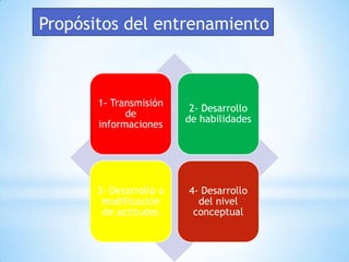 Propósitos del entrenamiento
1- Transmisión
de
informaciones
2- Desarrollo
de habilidades
3- Desarrollo o
modificación
de actitudes
4- Desarrollo
del nivel
conceptual
 