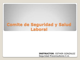 Comite de Seguridad y Salud
Laboral

INSTRUCTOR: ESTHER GONZALEZ
Seguridad Proconsultores C.A.

 