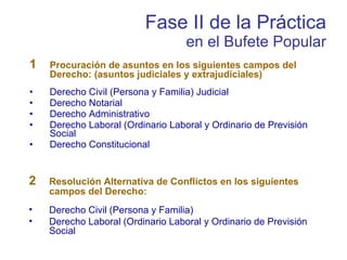 Fase II de la Práctica en el Bufete Popular 1 Procuración de asuntos en los siguientes campos del Derecho: (asuntos judiciales y extrajudiciales) Derecho Civil (Persona y Familia) Judicial Derecho Notarial  Derecho Administrativo Derecho Laboral (Ordinario Laboral y Ordinario de Previsión Social  Derecho Constitucional 2 Resolución Alternativa de Conflictos en los siguientes campos del Derecho: Derecho Civil (Persona y Familia) Derecho Laboral (Ordinario Laboral y Ordinario de Previsión Social  