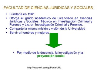 FACULTAD DE CIENCIAS JURIDICAS Y SOCIALES Fundada en 1961 Otorga el grado académico de Licenciado en Ciencias Jurídicas y Sociales, Técnico en Investigación Criminal y Forense y Lic. en Investigación Criminal y Forense. Comparte la misma misión y visión de la Universidad  Servir a hombres y mujeres Por medio de la docencia, la investigación y la  proyección social http://www.url.edu.gt/PortalURL 
