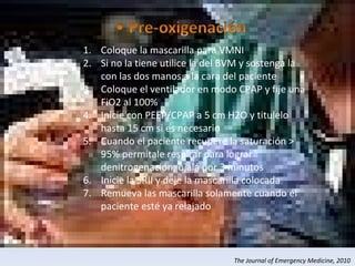 Coloque la mascarilla para VMNI Si no la tiene utilice la del BVM y sostenga la con las dos manos a la cara del paciente Coloque el ventilador en modo CPAP y fije una FiO2 al 100% Inicie con PEEP/CPAP a 5 cm H2O y titulelo hasta 15 cm si es necesario Cuando el paciente recupere la saturación > 95% permítale respirar para lograr denitrogenación, ojalá por 3 minutos Inicie la SRII y deje la mascarilla colocada Remueva las mascarilla solamente cuando el paciente esté ya relajado The Journal of Emergency Medicine, 2010 