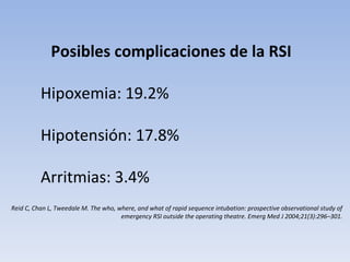 Posibles complicaciones de la RSI Hipoxemia: 19.2% Hipotensión: 17.8% Arritmias: 3.4% Reid C, Chan L, Tweedale M. The who, where, and what of rapid sequence intubation: prospective observational study of emergency RSI outside the operating  theatre. Emerg Med J 2004;21(3):296–301. 
