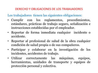 DERECHO Y OBLIGACIONES DE LOS TRABAJADORES
Los trabajadores tienen las siguientes obligaciones:
• Cumplir con los reglamentos, procedimientos,
estándares, prácticas de trabajo seguro, señalización e
instrucciones establecidas por el empleador.
• Reportar de forma inmediata cualquier incidente o
accidente.
• Reportar al profesional de salud de la obra cualquier
condición de salud propia o de sus compañeros.
• Participar y colaborar en la investigación de los
incidentes, accidentes de trabajo.
• Utilizar correctamente las máquinas, equipos,
herramientas, unidades de transporte y equipos de
protección personal y colectiva.
 