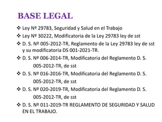 BASE LEGAL
 Ley Nº 29783, Seguridad y Salud en el Trabajo
 Ley Nº 30222, Modificatoria de la Ley 29783 ley de sst
 D. S. Nº 005-2012-TR, Reglamento de la Ley 29783 ley de sst
y su modificatoria DS 001-2021-TR.
 D. S. Nº 006-2014-TR, Modificatoria del Reglamento D. S.
005-2012-TR, de sst
 D. S. Nº 016-2016-TR, Modificatoria del Reglamento D. S.
005-2012-TR, de sst
 D. S. Nº 020-2019-TR, Modificatoria del Reglamento D. S.
005-2012-TR, de sst
 D. S. Nº 011-2019-TR REGLAMENTO DE SEGURIDAD Y SALUD
EN EL TRABAJO.
 