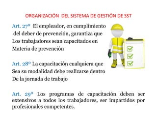 ORGANIZACIÓN DEL SISTEMA DE GESTIÓN DE SST
Art. 27º El empleador, en cumplimiento
del deber de prevención, garantiza que
Los trabajadores sean capacitados en
Materia de prevención
Art. 28º La capacitación cualquiera que
Sea su modalidad debe realizarse dentro
De la jornada de trabajo
Art. 29º Los programas de capacitación deben ser
extensivos a todos los trabajadores, ser impartidos por
profesionales competentes.
 