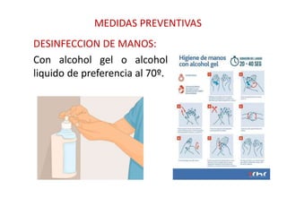 MEDIDAS PREVENTIVAS
DESINFECCION DE MANOS:
Con alcohol gel o alcohol
liquido de preferencia al 70º.
 