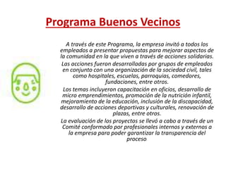 Programa Buenos Vecinos
A través de este Programa, la empresa invitó a todos los
empleados a presentar propuestas para mejorar aspectos de
la comunidad en la que viven a través de acciones solidarias.
Las acciones fueron desarrolladas por grupos de empleados
en conjunto con una organización de la sociedad civil, tales
como hospitales, escuelas, parroquias, comedores,
fundaciones, entre otros.
Los temas incluyeron capacitación en oficios, desarrollo de
micro emprendimientos, promoción de la nutrición infantil,
mejoramiento de la educación, inclusión de la discapacidad,
desarrollo de acciones deportivas y culturales, renovación de
plazas, entre otros.
La evaluación de los proyectos se llevó a cabo a través de un
Comité conformado por profesionales internos y externos a
la empresa para poder garantizar la transparencia del
proceso.
 