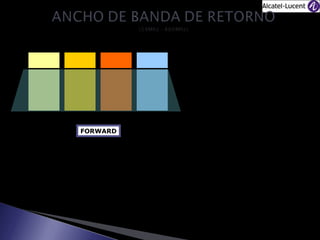 54 - 860 MHz
FORWARD

Sub – Banda, del espectro HFC, por el que viajan señales de Cabecera al Cliente.
Nombres: Recepción (Rx), Bajada Downstream.
La señales de TV, Internet, Telefonía, HD, PVR, DVB, viajan de cabecera al cliente,
por ende necesitan de un espacio en la banda de Forward.

 
