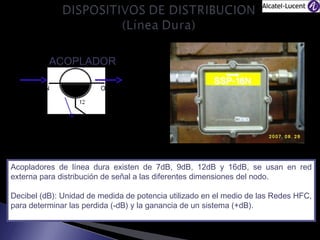 ACOPLADOR
20dB

19dB
IN

OUT

8dB

Acopladores de línea dura existen de 7dB, 9dB, 12dB y 16dB, se usan en red
externa para distribución de señal a las diferentes dimensiones del nodo.
Decibel (dB): Unidad de medida de potencia utilizado en el medio de las Redes HFC,
para determinar las perdida (-dB) y la ganancia de un sistema (+dB).

 