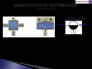 ACOPLADOR
20dB

19dB
IN

OUT

8dB

Taps domiciliario: Al igual que los Acopladores de red externa, tienen una salida
con mayor atenuación y otra de paso. Permite la distribución de señal a puntos
que requieran mas ganancia.

 