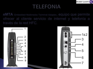 eMTA: Embedded Multimedia Terminal Adapter, equipo que permite
ofrecer al cliente servicio de internet y telefonía a
través de la red HFC.

 
