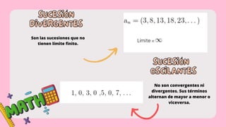 SUCESIÓN
SUCESIÓN
DIVERGENTES
DIVERGENTES
Son las sucesiones que no
tienen límite finito.
SUCESIÓN
SUCESIÓN
OSCILANTES
OSCILANTES
No son convergentes ni
divergentes. Sus términos
alternan de mayor a menor o
viceversa.
 