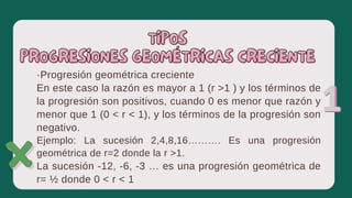 ·Progresión geométrica creciente
En este caso la razón es mayor a 1 (r ˃1 ) y los términos de
la progresión son positivos, cuando 0 es menor que razón y
menor que 1 (0 ˂ r ˂ 1), y los términos de la progresión son
negativo.
Ejemplo: La sucesión 2,4,8,16………. Es una progresión
geométrica de r=2 donde la r ˃1.
La sucesión -12, -6, -3 … es una progresión geométrica de
r= ½ donde 0 ˂ r ˂ 1
TIPOS
TIPOS
PROGRESIONES GEOMÉTRICAS CRECIENTE
PROGRESIONES GEOMÉTRICAS CRECIENTE
 