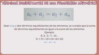 TÉRMINOS EQUIDISTANTES DE UNA PROGRESIÓN ARITMÉTICA
TÉRMINOS EQUIDISTANTES DE UNA PROGRESIÓN ARITMÉTICA
Sean ai y aj dos términos equidistantes de los extremos, se cumple que la suma
de términos equidistantes es igual a la suma de los extremos.
Ejemplo:
8, 3, -2, -7, -12...
3+ (-7)= (-2)+(-2)= 8+(-12)
-4 = -4 = -4
 