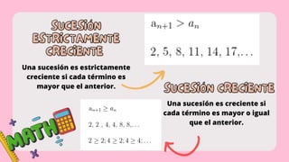 SUCESIÓN
SUCESIÓN
ESTRICTAMENTE
ESTRICTAMENTE
CRECIENTE
CRECIENTE
Una sucesión es estrictamente
creciente si cada término es
mayor que el anterior.
SUCESIÓN CRECIENTE
SUCESIÓN CRECIENTE
Una sucesión es creciente si
cada término es mayor o igual
que el anterior.
 