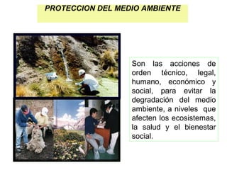PROTECCION DEL MEDIO AMBIENTE
Son las acciones de
orden técnico, legal,
humano, económico y
social, para evitar la
degradación del medio
ambiente, a niveles que
afecten los ecosistemas,
la salud y el bienestar
social.
 