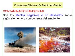 CONTAMINACION AMBIENTAL
Son los efectos negativos o no deseados sobre
algún elemento o componente del ambiente.
Conceptos Básicos de Medio Ambiente
 
