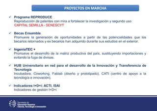 PROYECTOS EN MARCHA
 Programa REPRODUCE
Reproducción de patentes con mira a fortalecer la investigación y segundo uso
CAPITAL SEMILLA - SENESCYT
 Becas Ensamble.
Promueve la generación de oportunidades a partir de las potencialidades que los
becarios retornados y ex becarios han adquirido durante sus estudios en el exterior.
 IngeniaTEC +
Promueve el desarrollo de la matriz productiva del país, sustituyendo importaciones y
evitando la fuga de divisas.
 HUB Universitario en red para el desarrollo de la Innovación y Transferencia de
Tecnología
Incubadora, Coworking, Fablab (diseño y prototipado), CATI (centro de apoyo a la
tecnología e innovación).
 Indicadores I+D+i: ACTI, ISAI
Indicadores de gestión I+D+i
 
