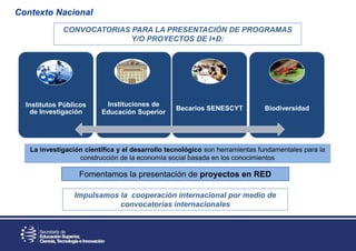 CONVOCATORIAS PARA LA PRESENTACIÓN DE PROGRAMAS
Y/O PROYECTOS DE I+D:
Institutos Públicos
de Investigación
Instituciones de
Educación Superior
Becarios SENESCYT Biodiversidad
Fomentamos la presentación de proyectos en RED
La investigación científica y el desarrollo tecnológico son herramientas fundamentales para la
construcción de la economía social basada en los conocimientos
Contexto Nacional
Impulsamos la cooperación internacional por medio de
convocatorias internacionales
 