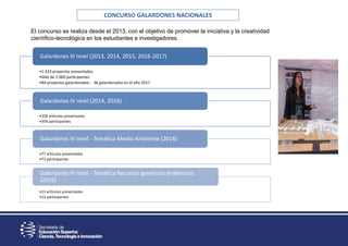 CONCURSO GALARDONES NACIONALES
El concurso se realiza desde el 2013, con el objetivo de promover la iniciativa y la creatividad
científico-tecnológica en los estudiantes e investigadores.
•1.523 proyectos presentados
•Más de 2.000 participantes
•84 proyectos galardonados - 36 galardonados en el año 2017
Galardones III nivel (2013, 2014, 2015, 2016-2017)
•358 artículos presentados
•354 participantes
Galardones IV nivel (2014, 2016)
•77 artículos presentados
•73 participantes
Galardones IV nivel - Temática Medio Ambiente (2014)
•13 artículos presentados
•13 participantes
Galardones IV nivel - Temática Recursos genéticos endémicos
(2016)
 