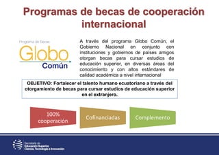 A través del programa Globo Común, el
Gobierno Nacional en conjunto con
instituciones y gobiernos de países amigos
otorgan becas para cursar estudios de
educación superior, en diversas áreas del
conocimiento y con altos estándares de
calidad académica a nivel internacional
OBJETIVO: Fortalecer el talento humano ecuatoriano a través del
otorgamiento de becas para cursar estudios de educación superior
en el extranjero.
Programas de becas de cooperación
internacional
100%
cooperación
Cofinanciadas Complemento
 