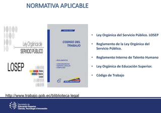 NORMATIVA APLICABLE
• Ley Orgánica del Servicio Público. LOSEP
• Reglamento de la Ley Orgánica del
Servicio Público.
• Reglamento Interno de Talento Humano
• Ley Orgánica de Educación Superior.
• Código de Trabajo
http://www.trabajo.gob.ec/bliblioteca legal
 