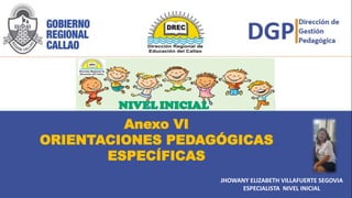 Anexo VI
ORIENTACIONES PEDAGÓGICAS
ESPECÍFICAS
JHOWANY ELIZABETH VILLAFUERTE SEGOVIA
ESPECIALISTA NIVEL INICIAL
 
