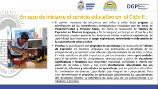 En caso de iniciarse el servicio educativo en el Ciclo II :
• El primer momento de encuentro con niñas y niños debe asegurar la
planificación de las competencias seleccionadas vinculadas con las áreas de
Psicomotricidad y Personal Social, así como la realización de Talleres de
Expresión en Diversos Lenguajes, a fin de asegurar un tiempo en el que las y los
estudiantes puedan expresar las emociones vividas mediante experiencias de
aprendizaje que favorezcan el juego, exploración, movimiento y el desarrollo de
la autonomía de niñas y niños.
• Priorizar la planificación por proyectos de aprendizaje y la realización de Talleres
de Expresión en Diversos Lenguajes que promuevan el desarrollo de las
competencias y se vinculen a los intereses y/o necesidades de los niños y niñas.
En este sentido es de vital importancia que los docentes creen oportunidades
para el desarrollo de las competencias seleccionadas a partir de situaciones
significativas y retadoras que despierten inquietud, curiosidad e interés por
parte de las niñas y niños y que estén directamente relacionadas con sus
contextos, intereses y necesidades de aprendizaje, que les permitan demostrar
la combinación de diversas capacidades que integran las competencias. Para
ello, determinarán el propósito de aprendizaje considerando las características
del desarrollo infantil, la naturaleza de cada una de las competencias y la
situación a afrontar.
 
