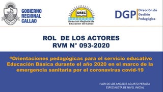 “Orientaciones pedagógicas para el servicio educativo
Educación Básica durante el año 2020 en el marco de la
emergencia sanitaria por el coronavirus covid-19
FLOR DE LOS ANGELES AGURTO PERALTA
ESPECIALISTA DE NIVEL INICIAL
ROL DE LOS ACTORES
RVM N° 093-2020
 