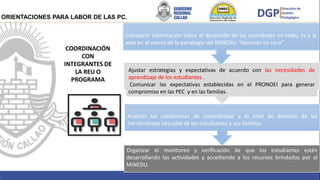 COORDINACIÓN
CON
INTEGRANTES DE
LA REU O
PROGRAMA
Organizar el monitoreo y verificación de que los estudiantes estén
desarrollando las actividades y accediendo a los recursos brindados por el
MINEDU.
Analizar las condiciones de conectividad y el nivel de dominio de las
herramientas virtuales de los estudiantes y sus familias.
Compartir información sobre el desarrollo de las actividades en radio, tv y la
web en el marco de la estrategia del MINEDU. “Aprendo en casa”
Ajustar estrategias y expectativas de acuerdo con las necesidades de
aprendizaje de los estudiantes .
Comunicar las expectativas establecidas en el PRONOEI para generar
compromiso en las PEC y en las familias.
ORIENTACIONES PARA LABOR DE LAS PC.
 