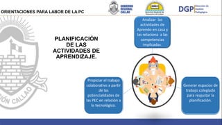 Brindar
fin de asegurar el
PLANIFICACIÓN
DE LAS
ACTIVIDADES DE
APRENDIZAJE.
Analizar las
actividades de
Aprendo en casa y
las relaciona a las
competencias
implicadas.
Generar espacios de
trabajo colegiado
para reajustar la
planificación.
Propiciar el trabajo
colaborativo a partir
de las
potencialidades de
las PEC en relación a
lo tecnológico.
ORIENTACIONES PARA LABOR DE LA PC
 
