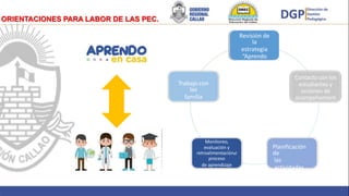 Brindar
Revisión de
la
estrategia
“Aprendo
encasa”
Trabajo con
las
familia
s
Contacto con los
estudiantes y
acciones de
acompañamient
o
Monitoreo,
evaluación y
retroalimentaciónal
proceso
de aprendizaje
Planificación
de
las
actividades
de
aprendizaje
ORIENTACIONES PARA LABOR DE LAS PEC.
 