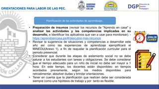 Brindar
Planificación de las actividades de aprendizaje..
• Preparación de insumos (revisar los recursos de "Aprendo en casa" y
analizar las actividades y las competencias implicadas en su
desarrollo, e Identificar los aplicativos que van a usar para monitorear). -
https://aprendoencasa.pe/#/descubre-mas-recursos
• Revisar la sugerencia de situaciones y competencias a desarrollar este
año así como las experiencias de aprendizaje ejemplificará el
MINEDU(Anexo 1), a fin de reajustar la planificación curricular para el
periodo presencial.
• Considerar que durante las etapas de aislamiento social no se debe
saturar a los estudiantes con tareas y obligaciones. Se debe considerar
que el tiempo adecuado para un niño de inicial no debe ser mayor a 1
hora. En este tiempo, los docentes están disponibles- en tiempos
acordados previamente, según los medios disponibles para
retroalimentar, absolver dudas y brindar orientaciones.
• Tener en cuenta que la planificación que realicen debe ser considerada
siempre como una hipótesis de trabajo y por tanto es flexible.
ORIENTACIONES PARA LABOR DE LAS PEC.
 