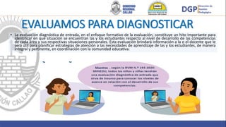 EVALUAMOS PARA DIAGNOSTICAR
• La evaluación diagnóstica de entrada, en el enfoque formativo de la evaluación, constituye un hito importante para
identificar en qué situación se encuentran las y los estudiantes respecto al nivel de desarrollo de las competencias
de cada área y sus respectivas situaciones personales. Esta evaluación brindará información a la o el docente que le
será útil para planificar estrategias de atención a las necesidades de aprendizaje de las y los estudiantes, de manera
integral y pertinente, en coordinación con la comunidad educativa.
Maestras
 