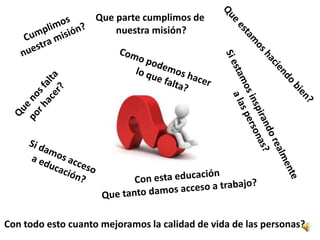 Que parte cumplimos de
nuestra misión?
Con todo esto cuanto mejoramos la calidad de vida de las personas?
 